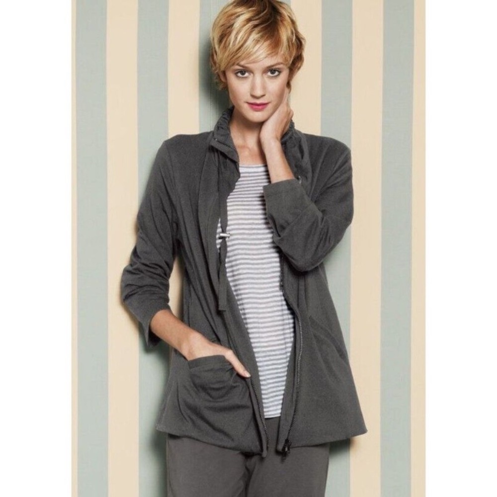 Eileen Fisher Grey Organic Cotton Taupe Jersey Full Zip Drawstring Collar Jacket